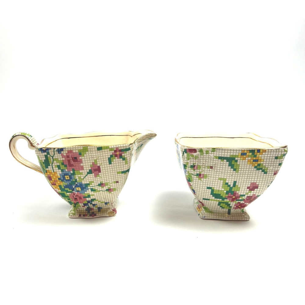 Antique Royal Winton Grimwades Queen Anne Chintz Stacking Creamer & Sugar Set